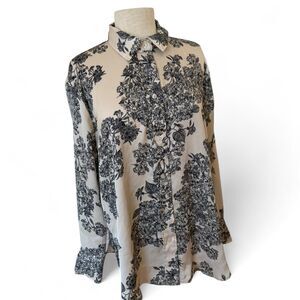 H&M cream and black floral print button-up shirt